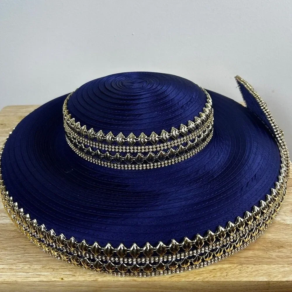 Lisa Rene Black Label Church Hat Navy Blue Wide Brim Rhinestone Butterfly Dressy